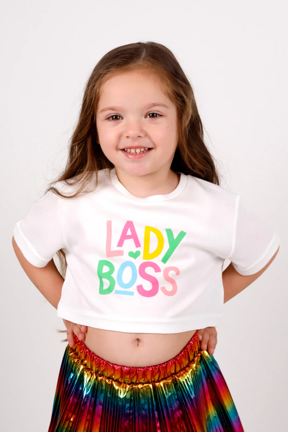 Beyaz  Lady Boss Baskılı Kız Çocuk Crop Tişört - Becky