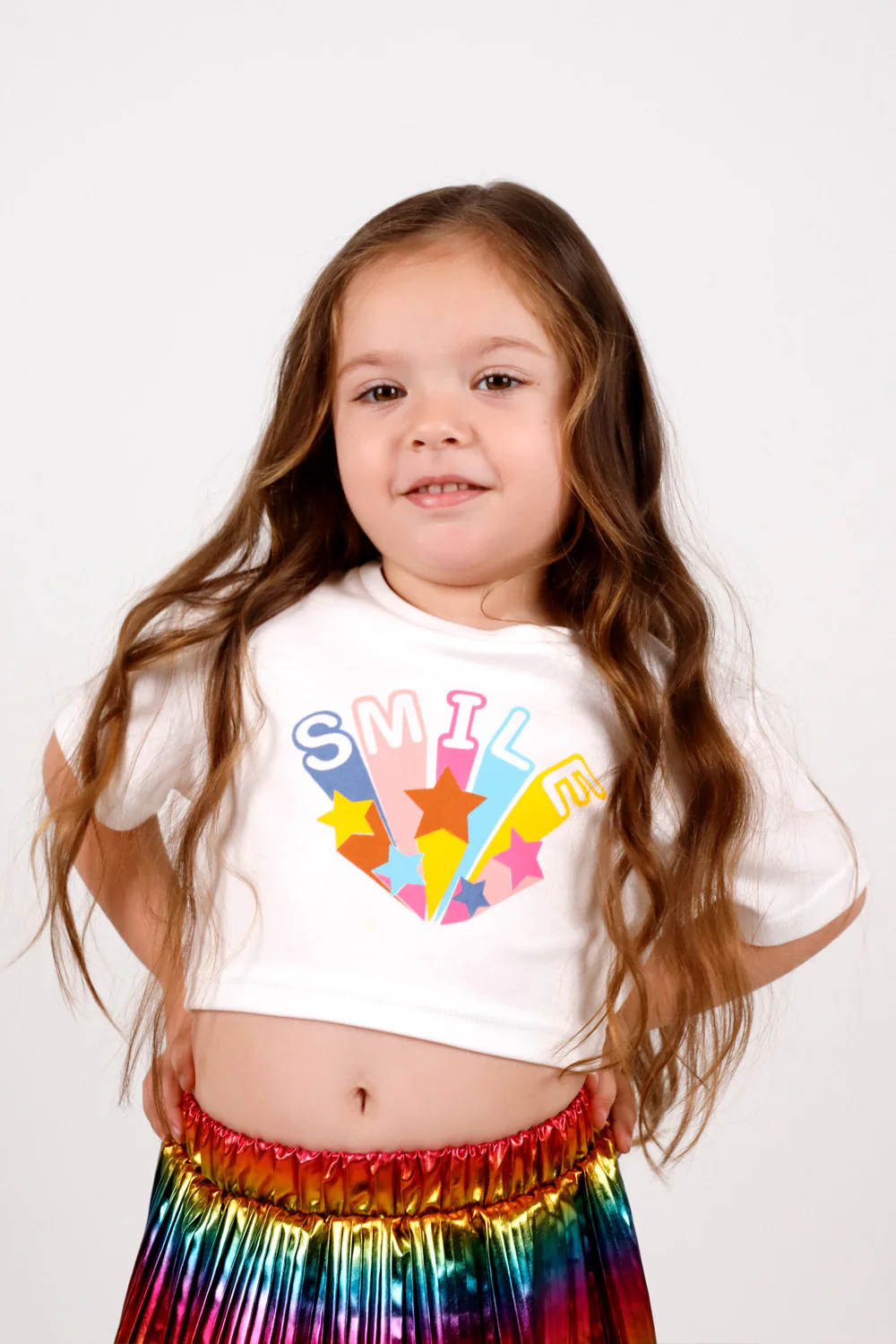 Beyaz  Smile Yıldız Baskılı Kız Çocuk Crop Tişört - Becky - Image 2