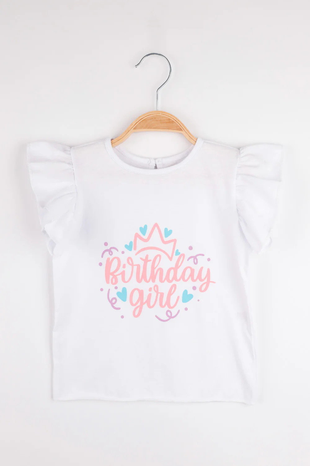 Beyaz Taçlı Birthday Girl Baskılı Kısa Kollu Kız Çocuk Tişört - Olena - Image 2