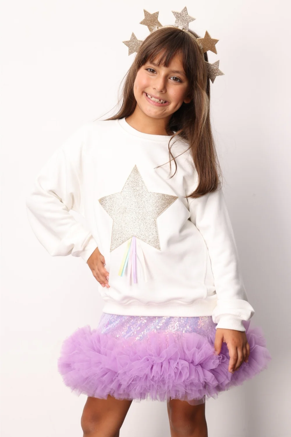 Beyaz  Yıldız Nakışlı Kurdele Detaylı Kız Çocuk Sweatshirt