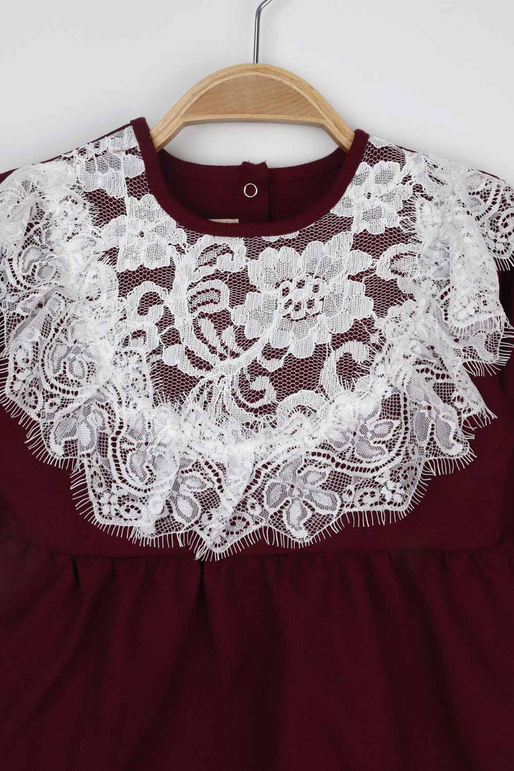 Bordo Dantel Detaylı Kız Bebek Tulum - Aida - Image 3