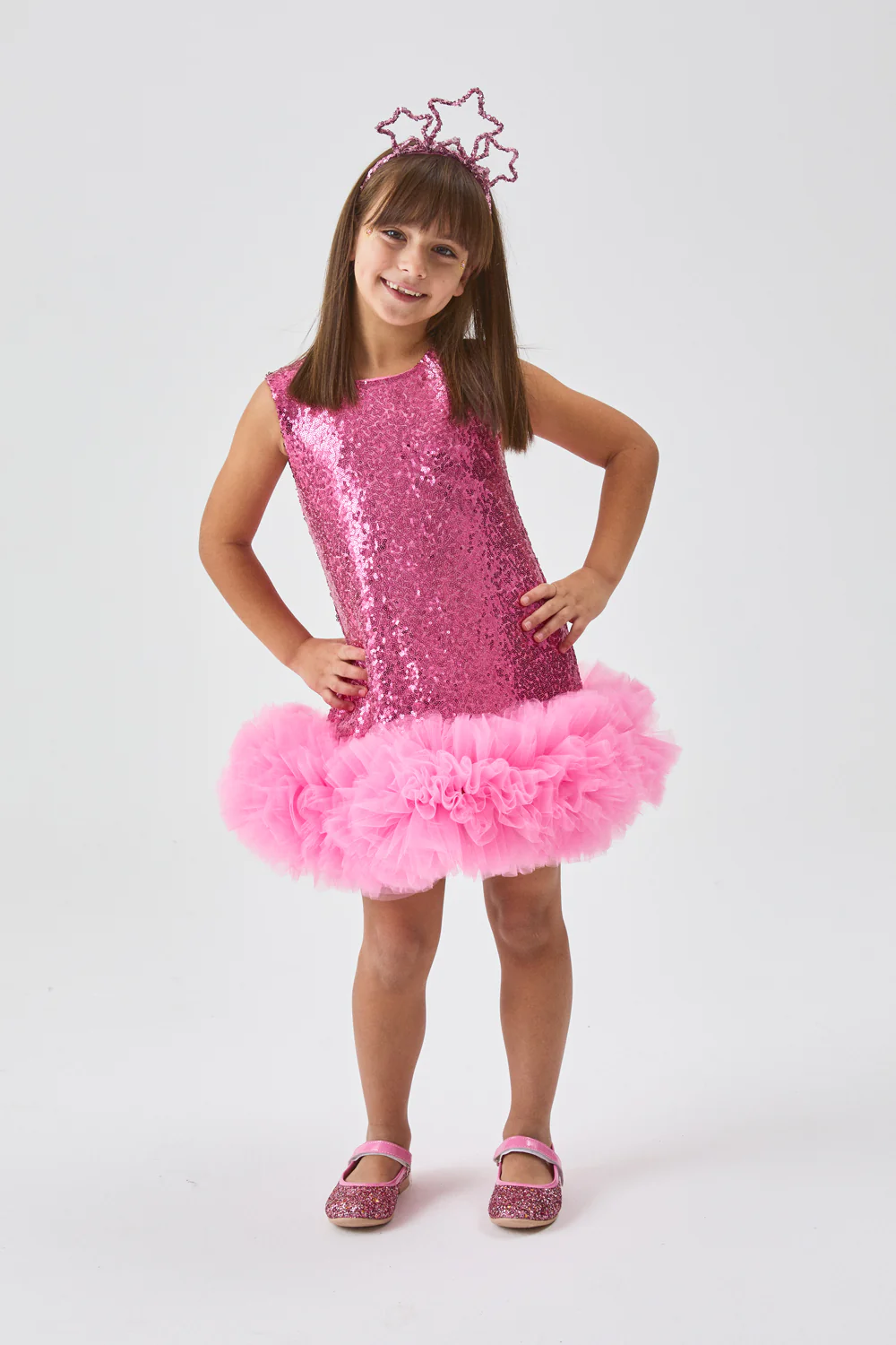 Fuşya  Etek Ucu Tüllü Pullu Kız Çocuk Elbise - Evie - Image 2