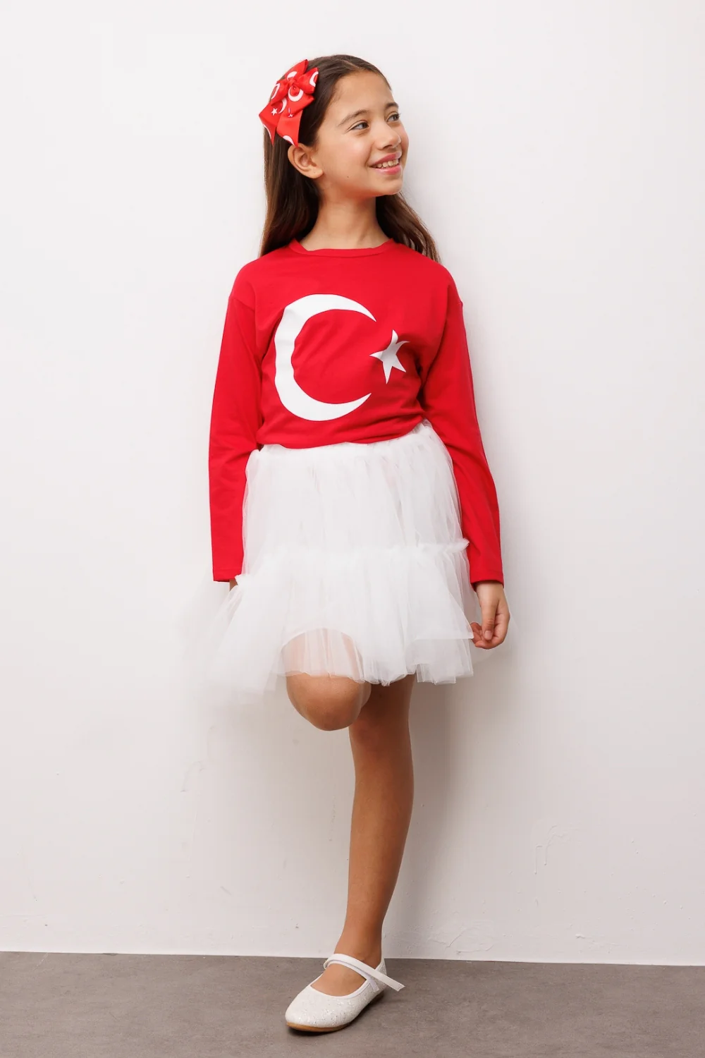 Kırmızı Ay Yıldız Baskılı Uzun Kollu Çocuk Tişört