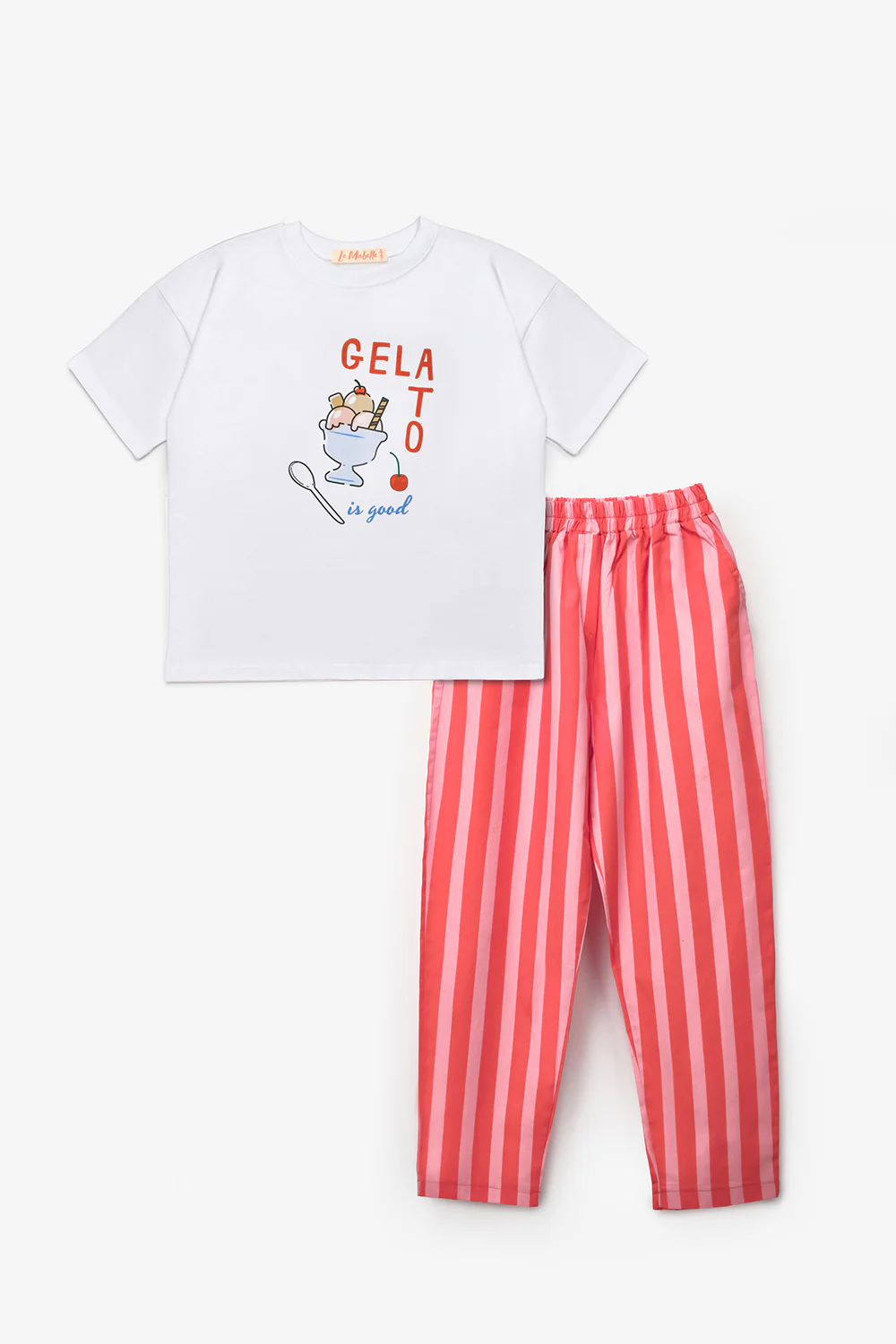 Kırmızı Baskılı Çizgi Desenli Çocuk Tişört Pantolon Takım - Edna - Image 5
