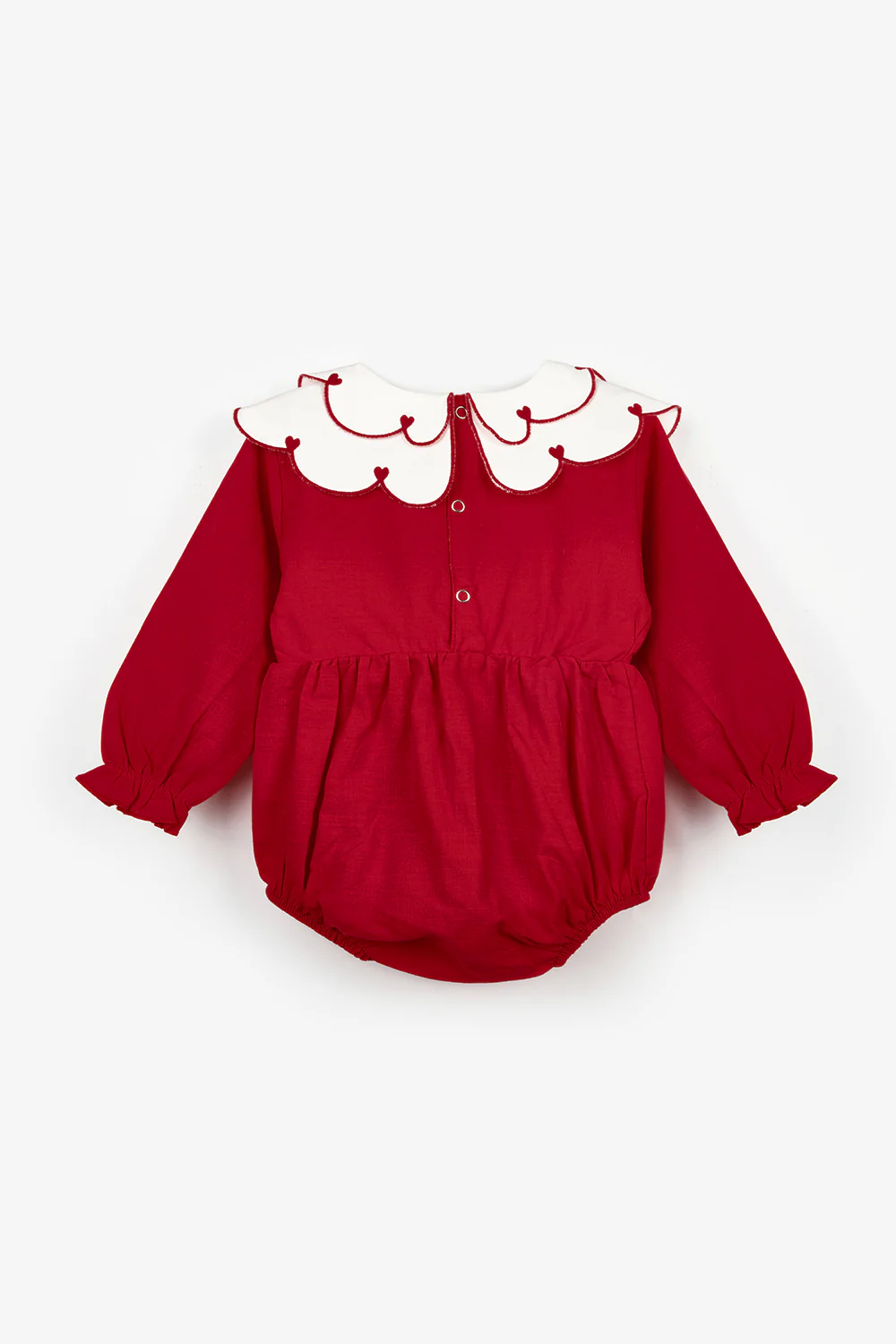 Kırmızı Kalp Desen Yakalı Kız Bebek Keten Tulum - Fabiana - Image 3