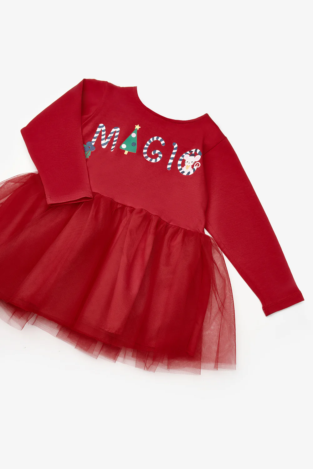 Kırmızı Yılbaşı Temalı Magic Mottolu Kız Çocuk Elbise - Claire - Image 4