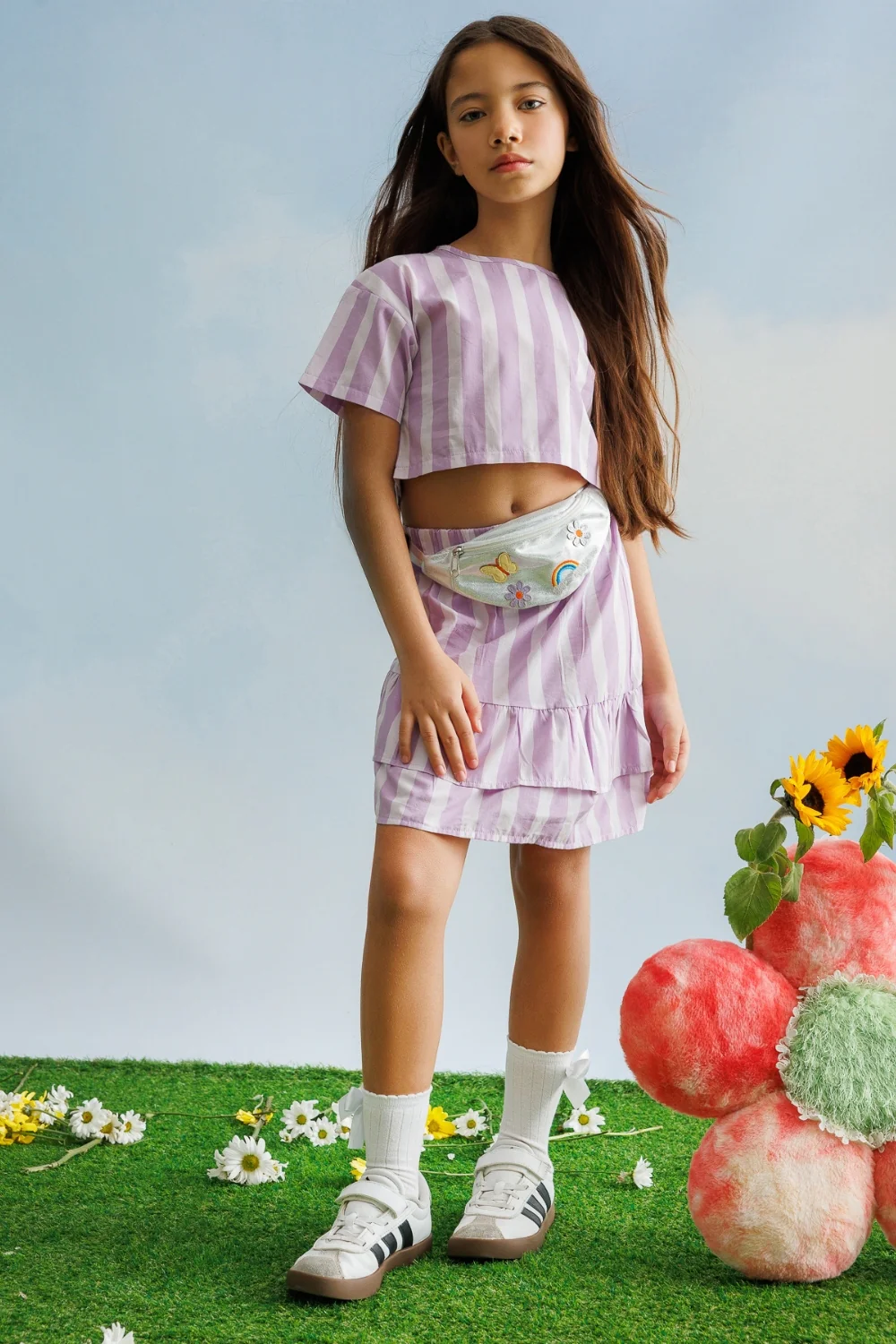 Lila Çizgili Kız Çocuk Crop Etek İkili Takım - Cora