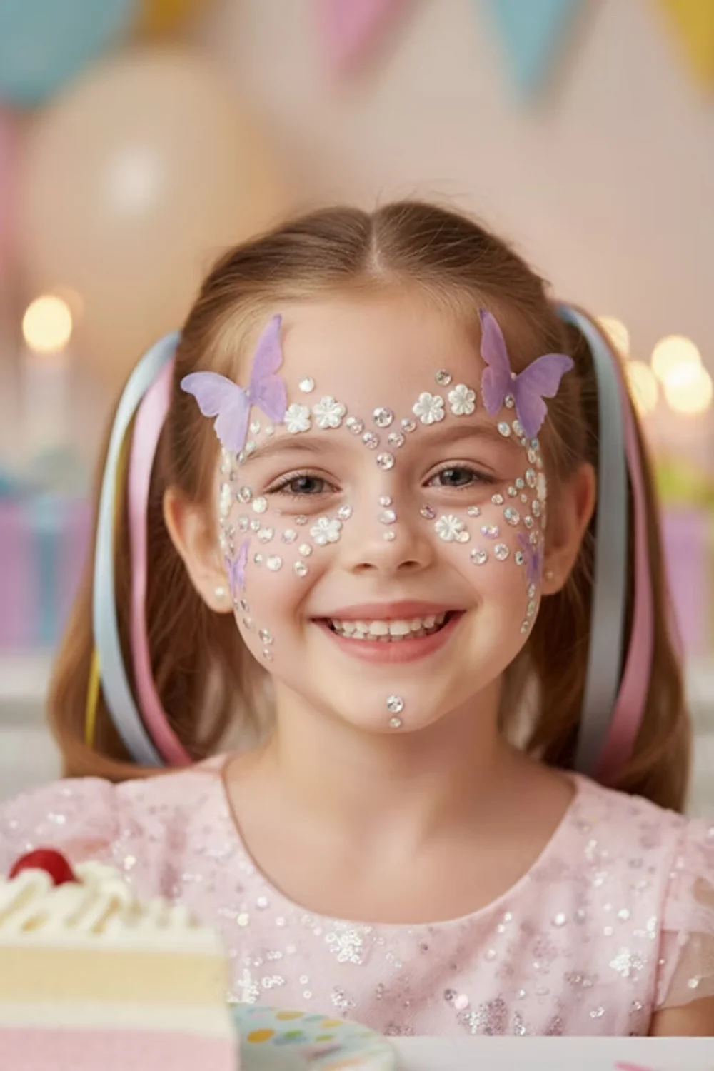 Lila Kelebek ve Elmas Model Kız Çocuk Yüz Sticker