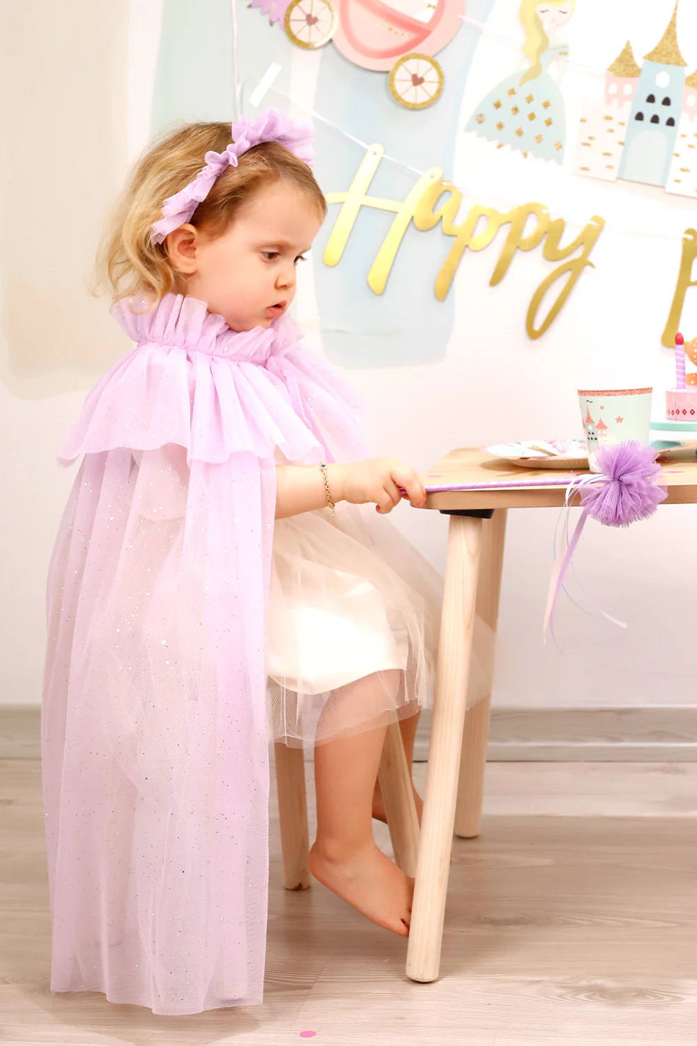 Lila Kız Çocuk Simli Pelerin Asa ve Taç Set