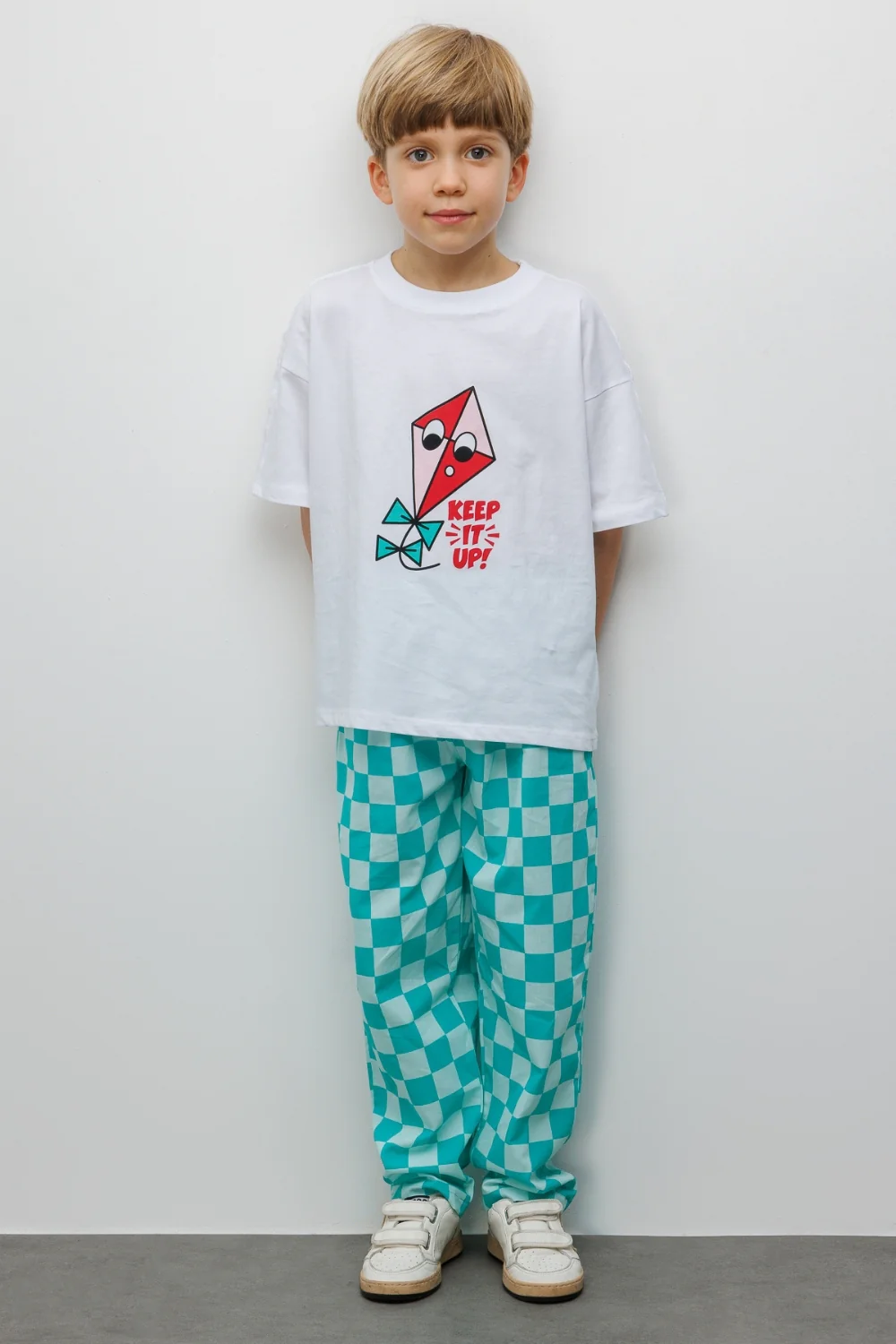 Mint Baskılı Dama Desenli Çocuk Tişört Pantolon Takım - Lucia - Image 3