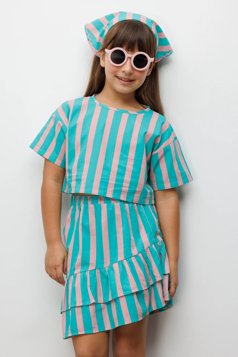 Mint Çizgili Kız Çocuk Crop Etek İkili Takım - Cora - Image 3
