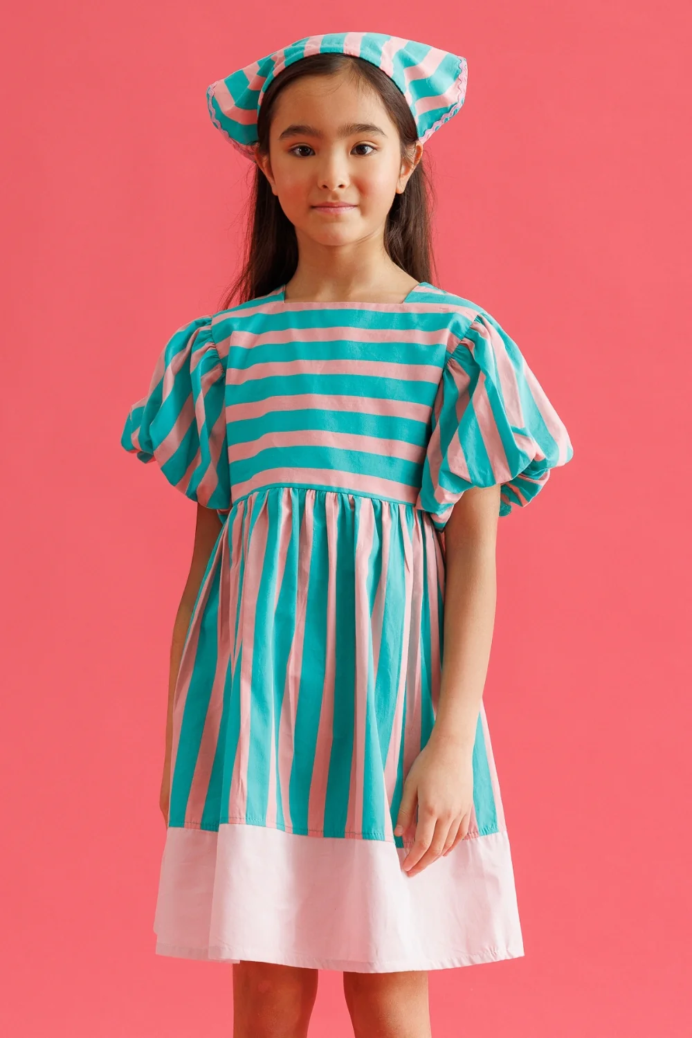 Mint Çizgili Kız Çocuk Poplin Elbise - Juno - Image 2