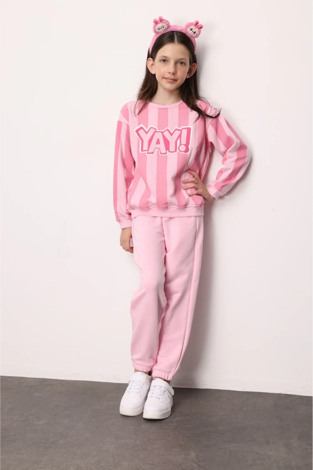 Pembe Baskılı Çizgili Kız Çocuk Eşofman Takımı - Phoebe - Image 3