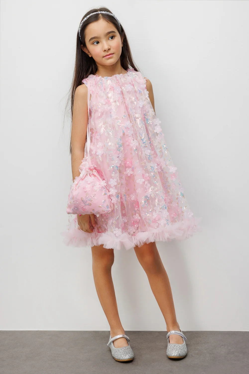Pembe Çiçek Kabartmalı Kız Çocuk Elbise - Ivory - Image 2