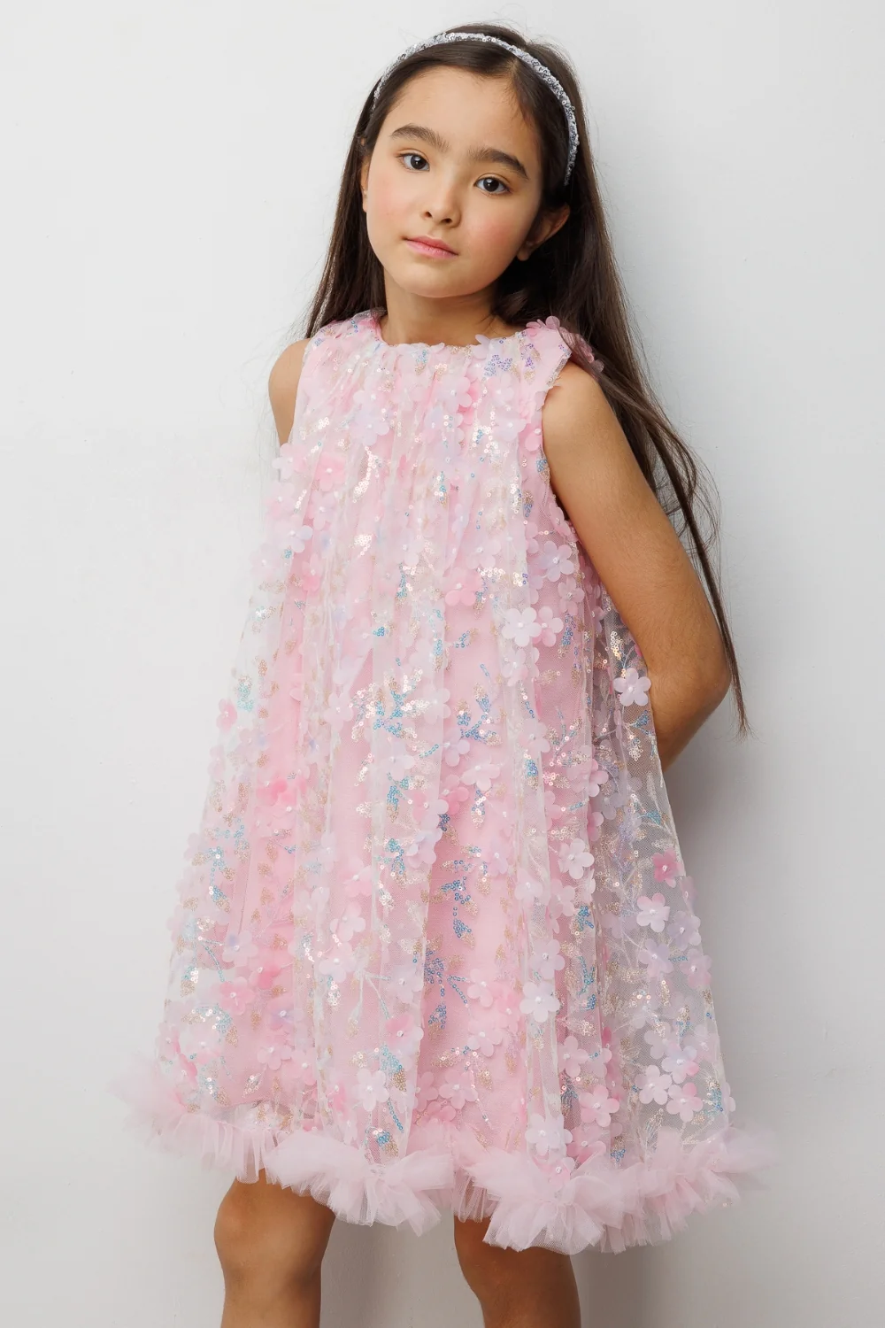 Pembe Çiçek Kabartmalı Kız Çocuk Elbise - Ivory - Image 3
