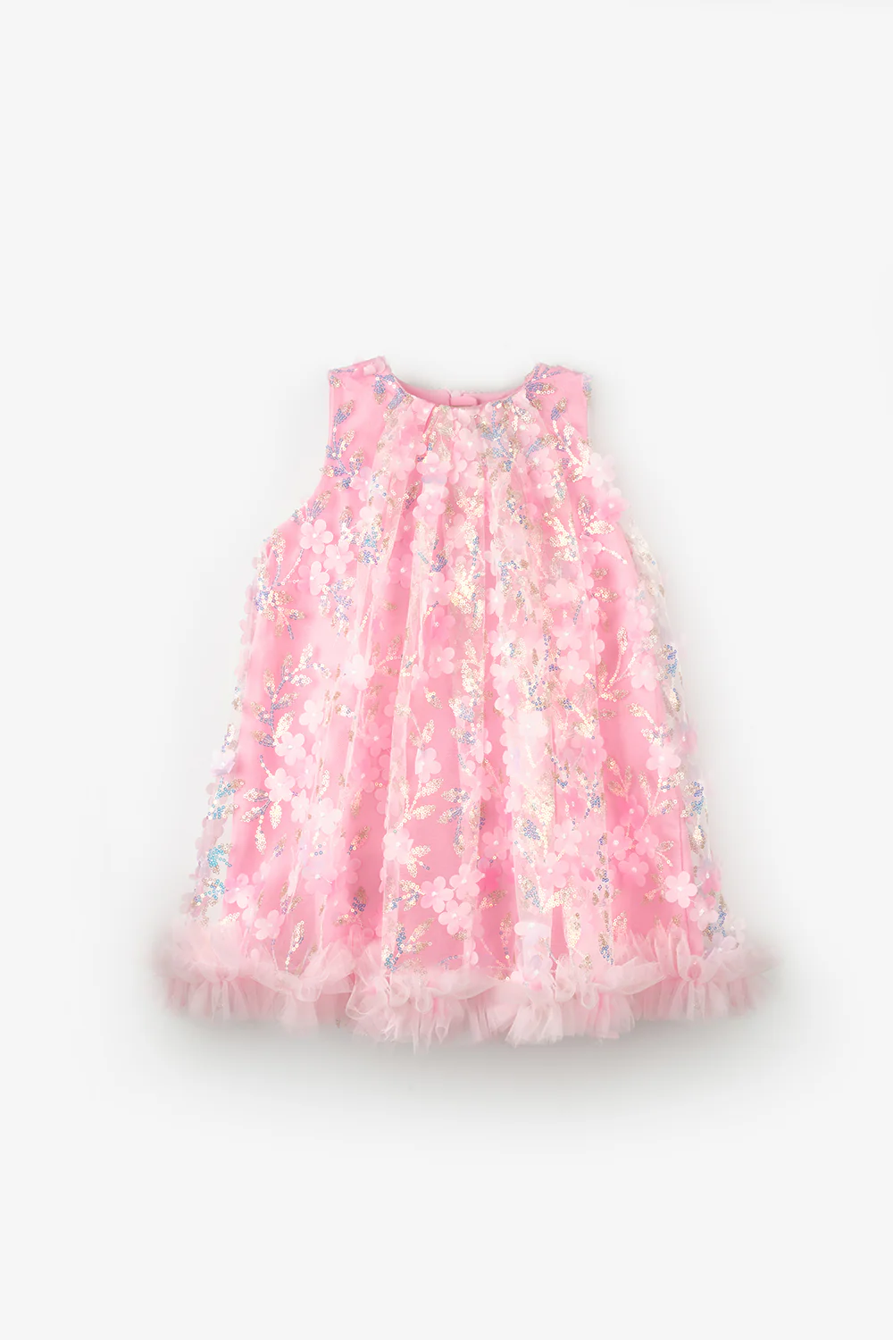 Pembe Çiçek Kabartmalı Kız Çocuk Elbise - Ivory - Image 4