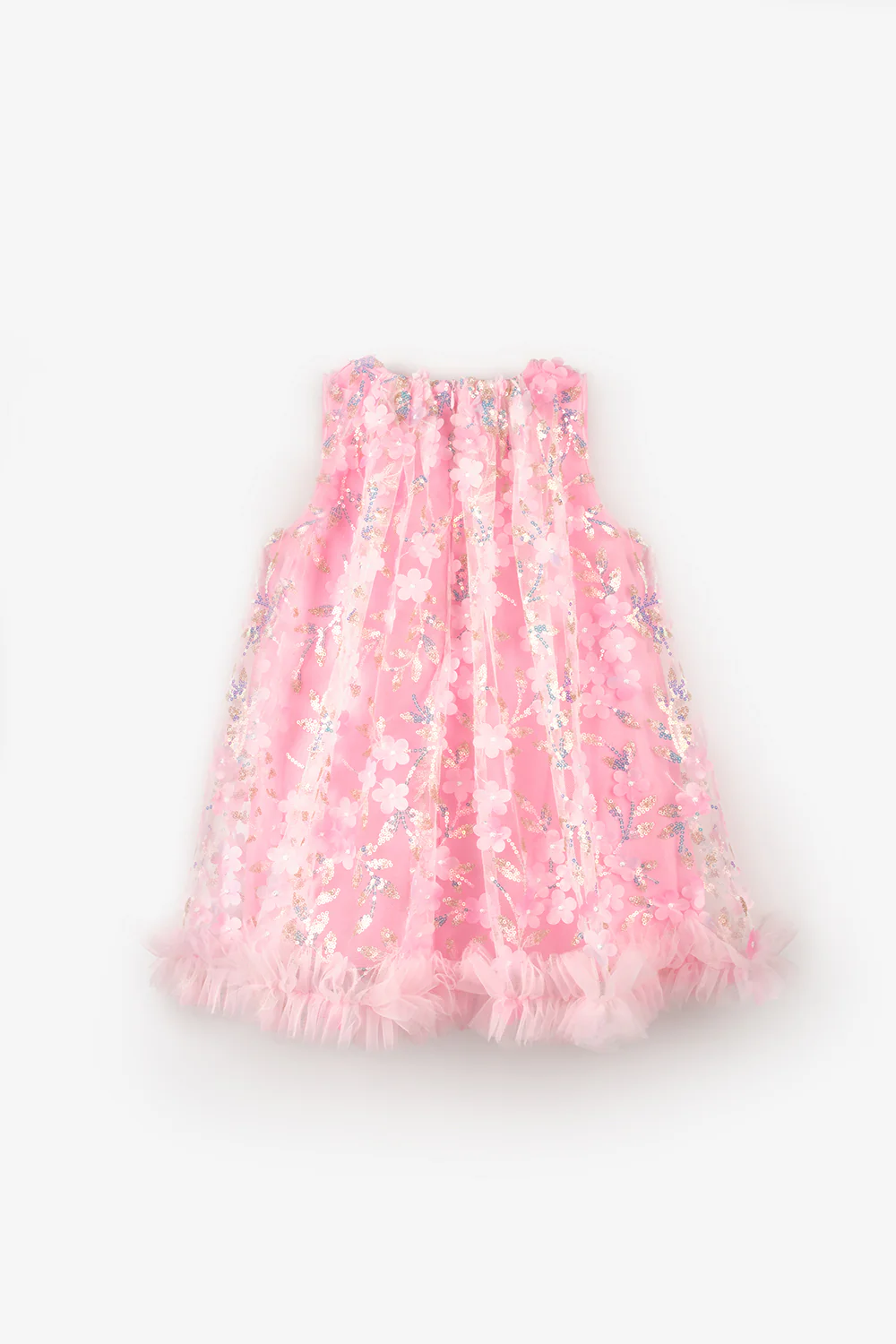 Pembe Çiçek Kabartmalı Kız Çocuk Elbise - Ivory - Image 5