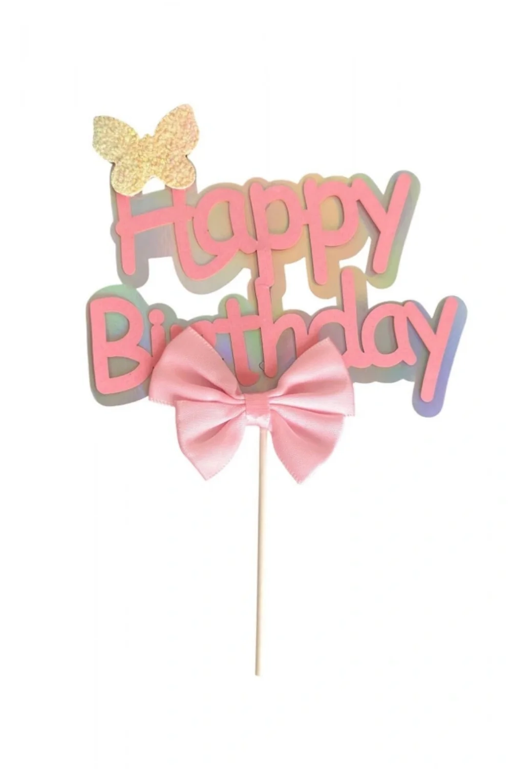 Pembe Fiyonk Detaylı Happy Birthday Pasta Süsü - Image 2