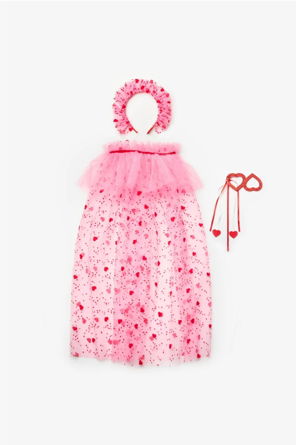 Pembe  Flok Kalp Baskılı Kız Çocuk Pelerin Asa ve Taç Set - Image 5