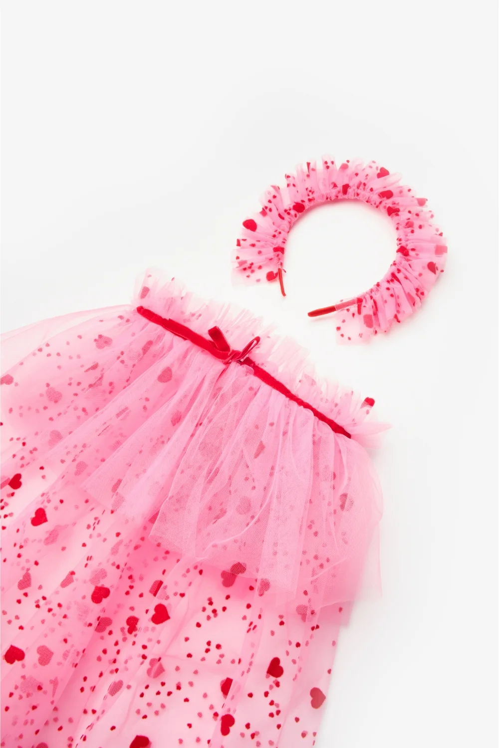 Pembe  Flok Kalp Baskılı Kız Çocuk Pelerin Asa ve Taç Set - Image 6