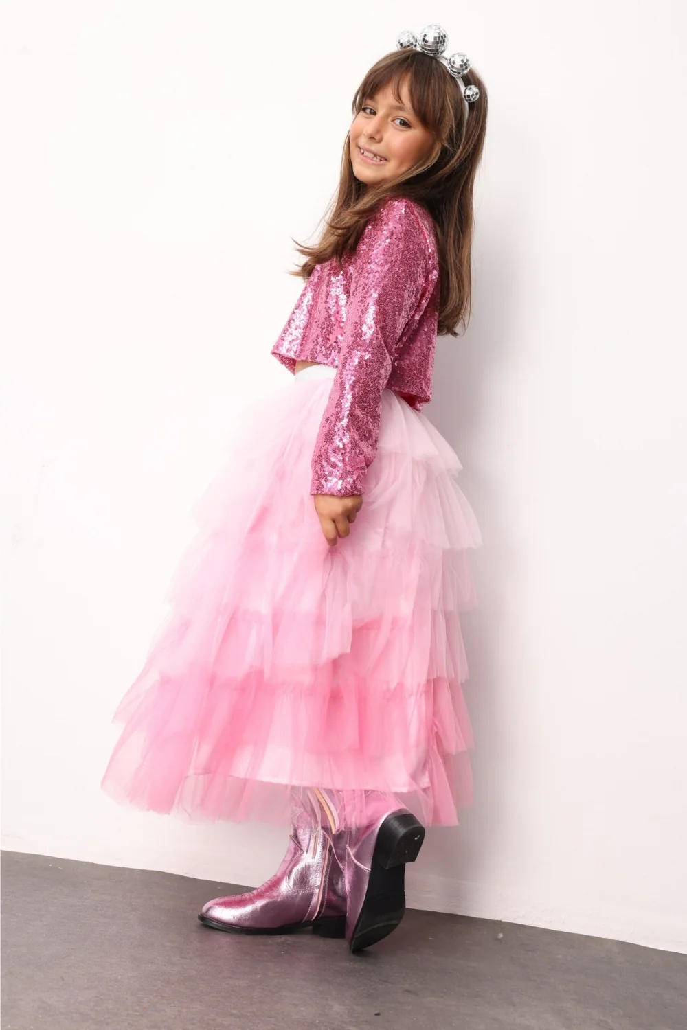 Pembe Katlı Tüllü Kız Çocuk Uzun Etek - Azalea - Image 3