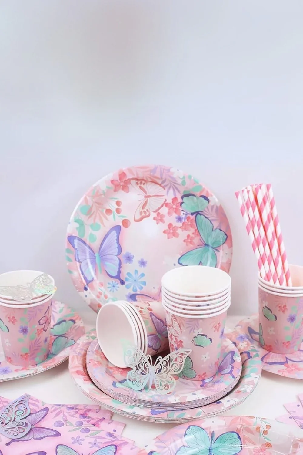 Pembe  Kelebek Desenli 8'li Tabak Bardak Set - Image 3