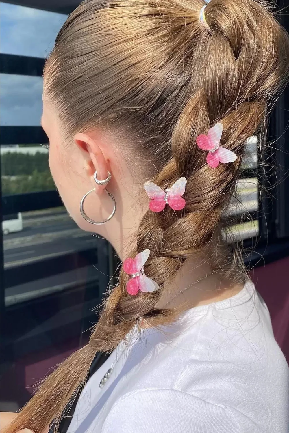 Pembe Kelebek Figürlü Kız Çocuk 3'lü Saç Küpesi