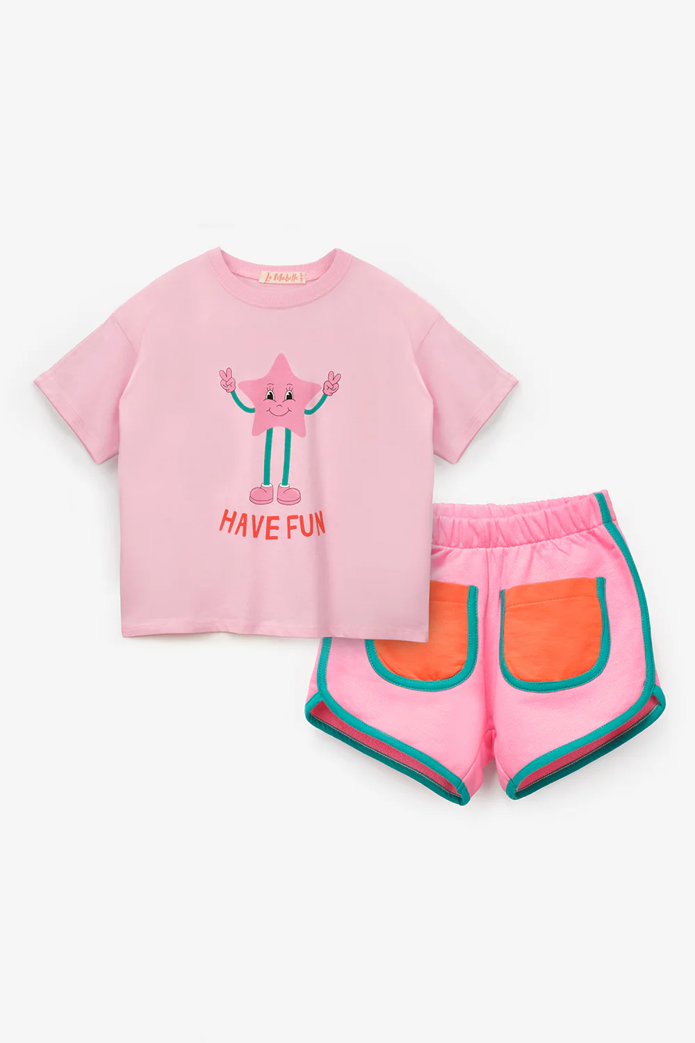 Pembe Mottolu Figürlü Çocuk Tişört Şort İkili Takım - Lole - Image 4