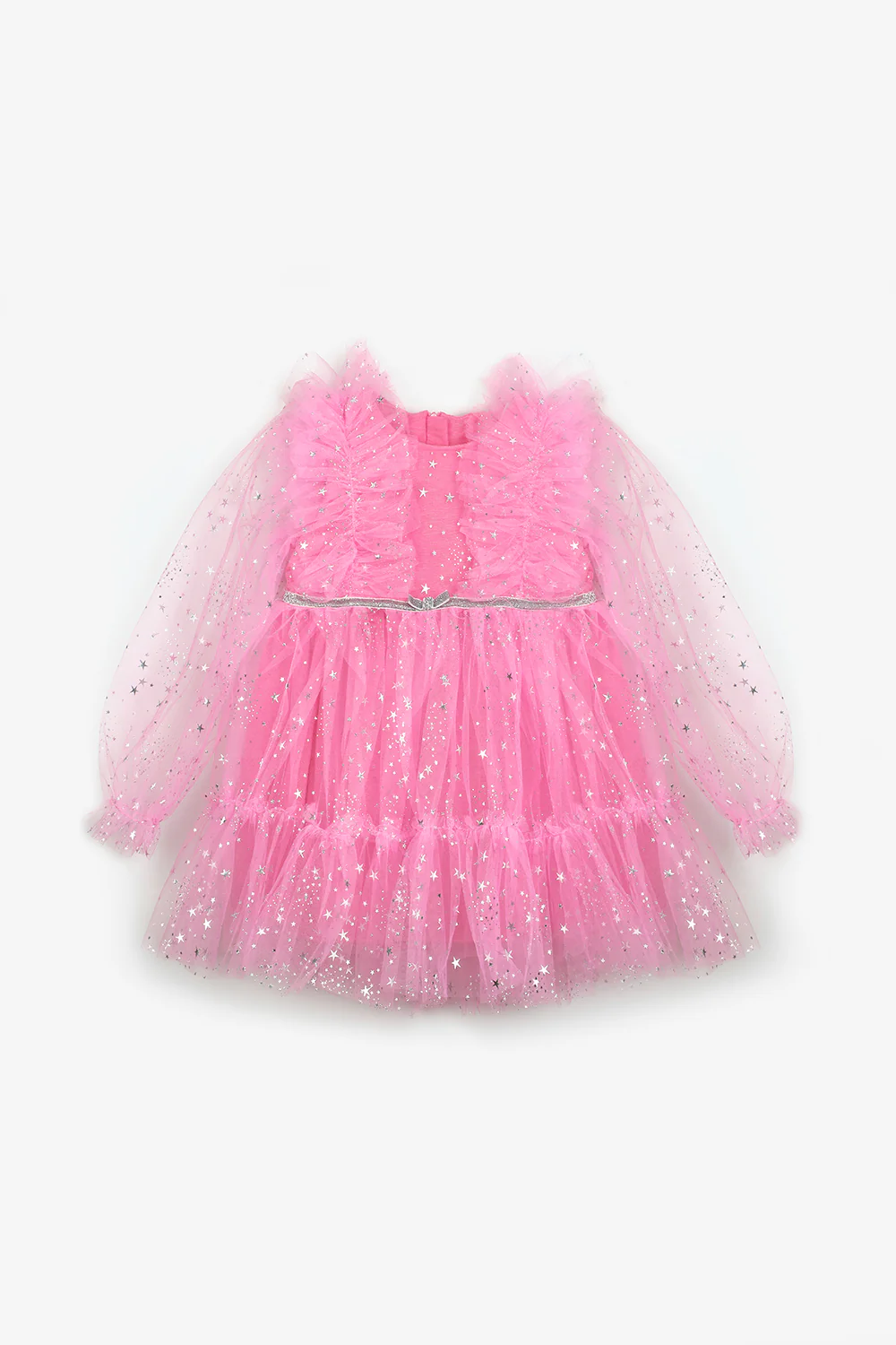 Pembe Omzu Fırfır Detaylı Yıldızlı Kız Çocuk Elbise - Stella - Image 5