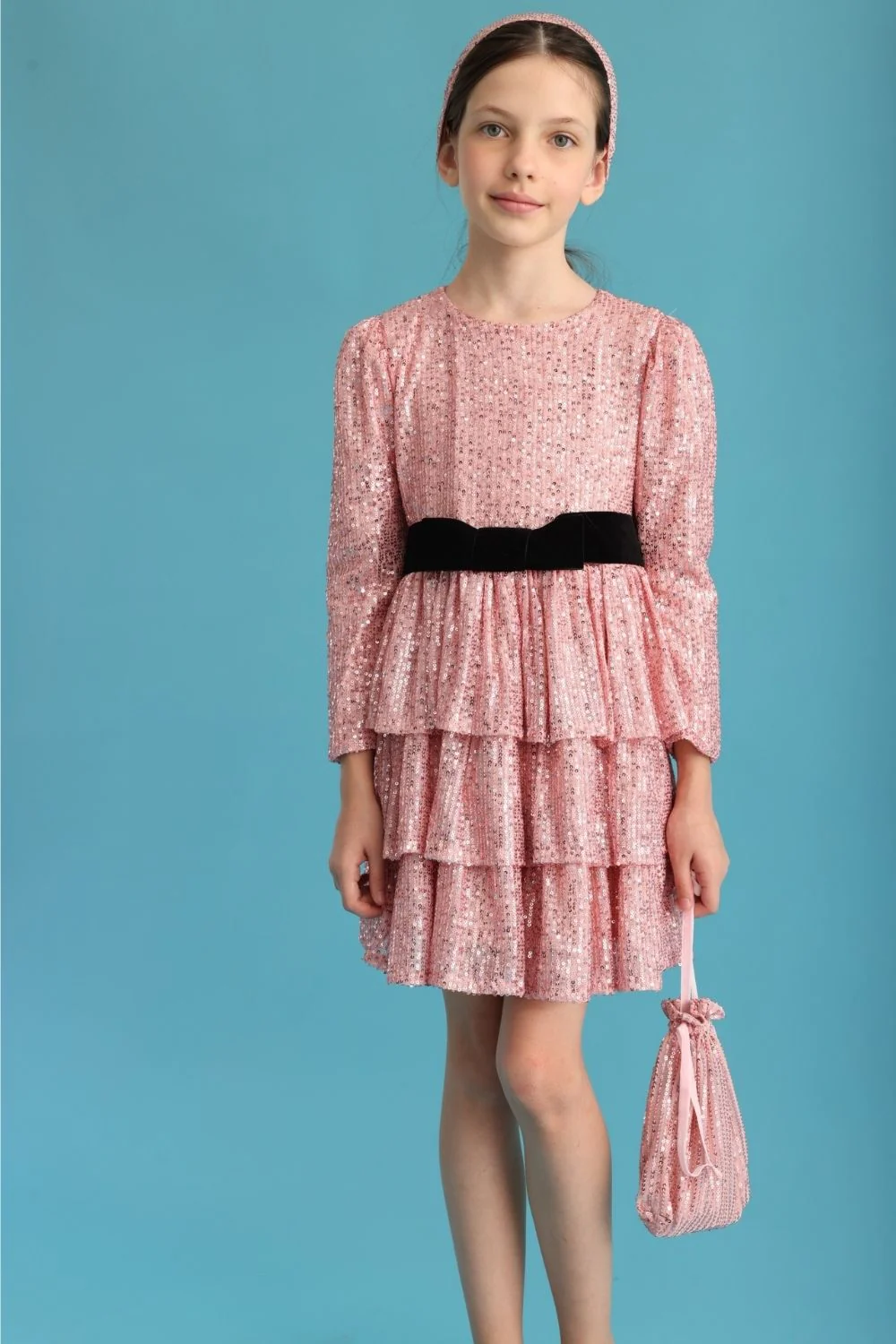 Pembe Pullu Katlı Kız Çocuk Elbise - Liona