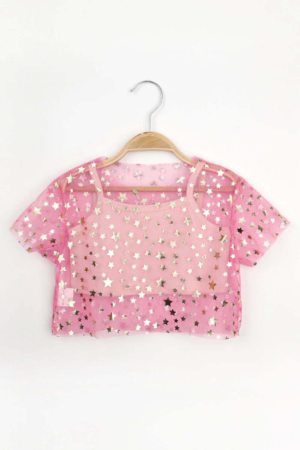 Pembe Yıldız Baskılı Kız Çocuk Tül Crop
