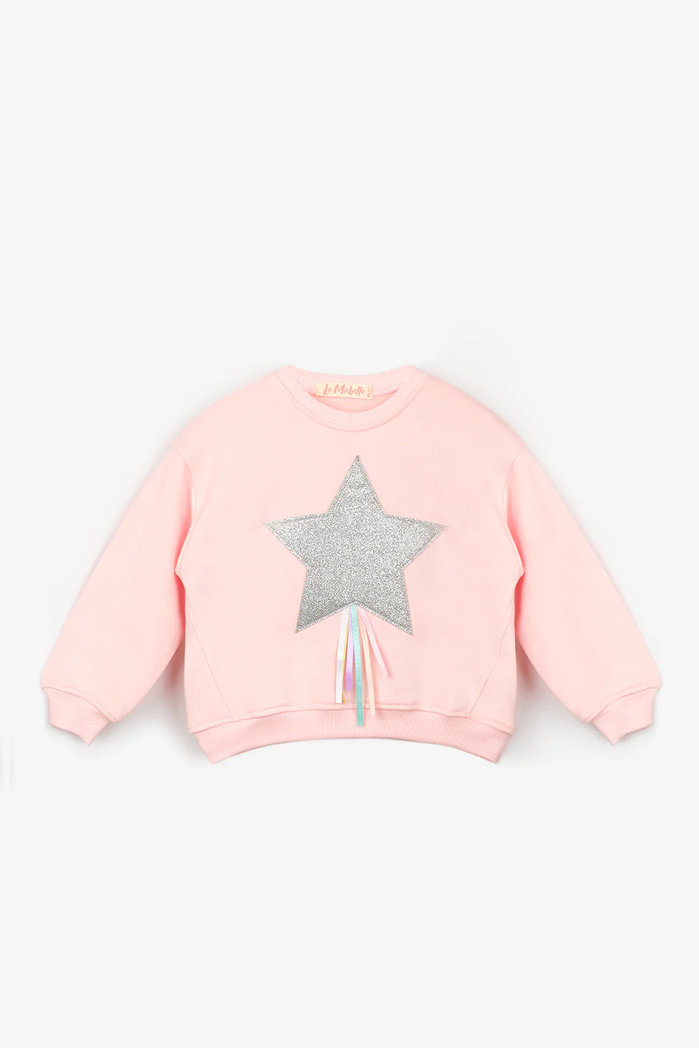 Pembe  Yıldız Nakışlı Kurdele Detaylı Kız Çocuk Sweatshirt - Image 2