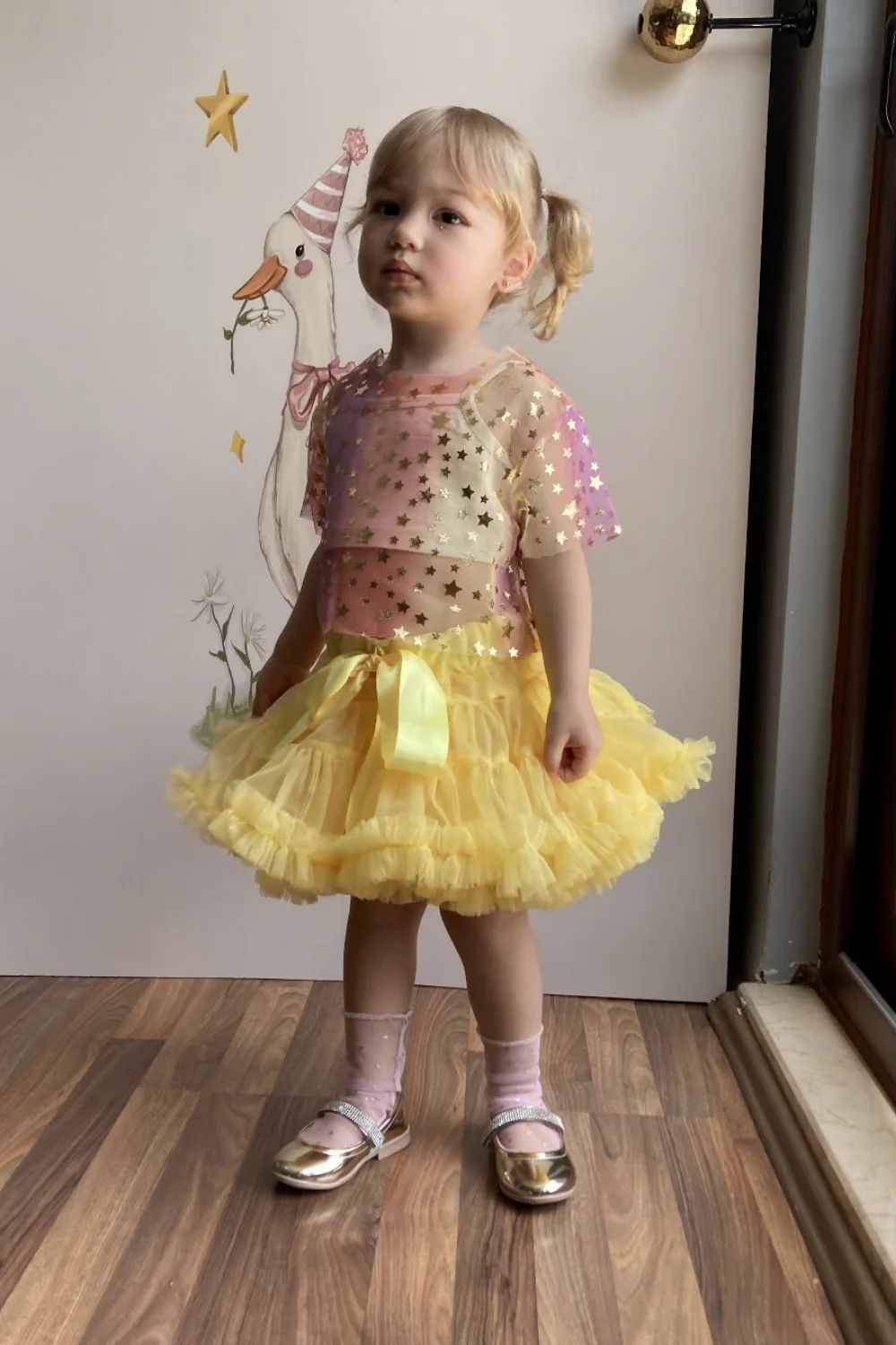 Sarı Yıldız Baskılı Kız Çocuk Tül Crop - Image 2