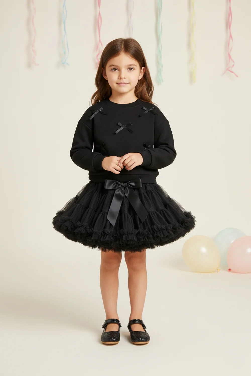 Siyah  Fiyonk Detaylı Kız Çocuk Sweatshirt