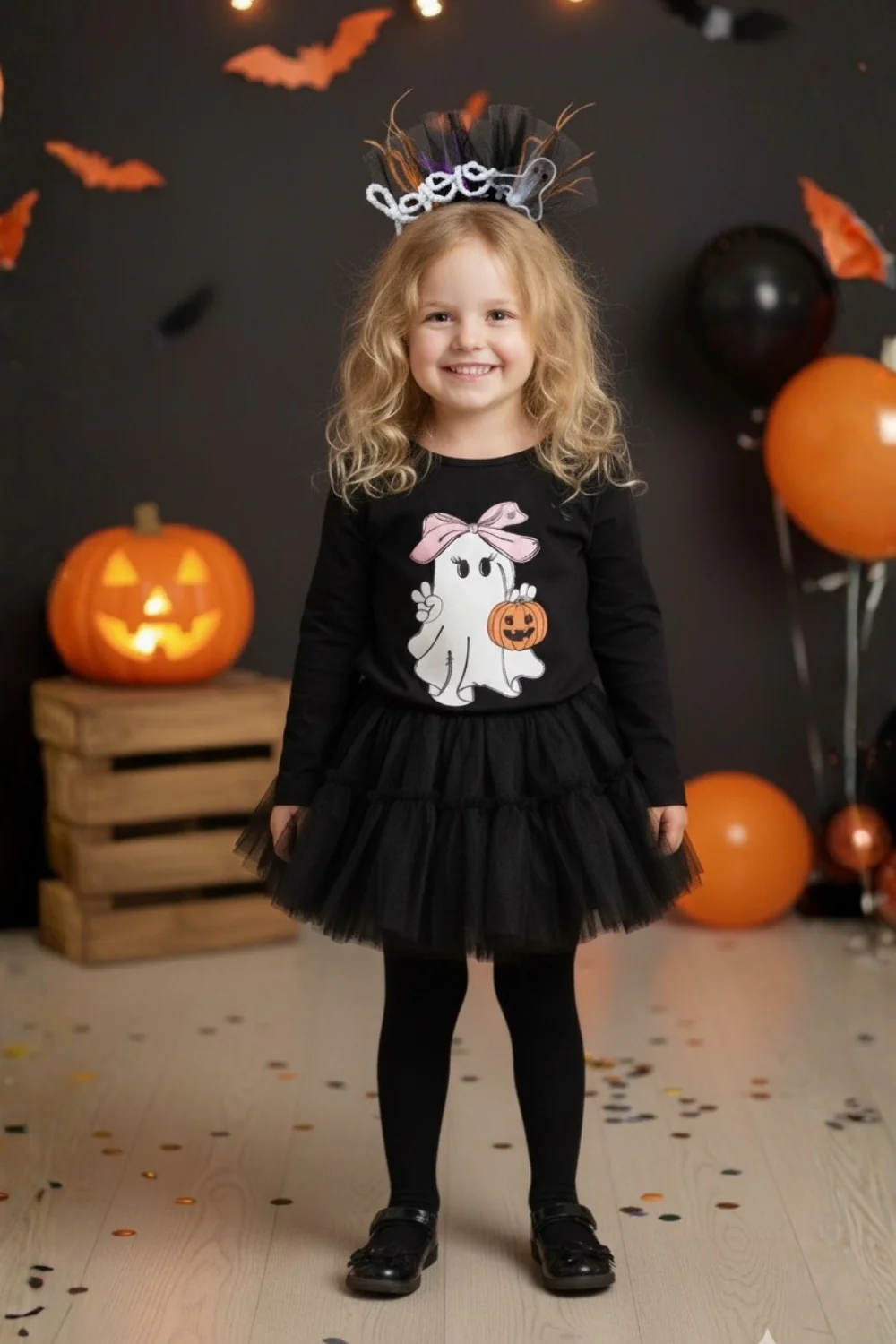 Siyah Sevimli Hayalet Baskılı Halloween Kız Çocuk Tişört