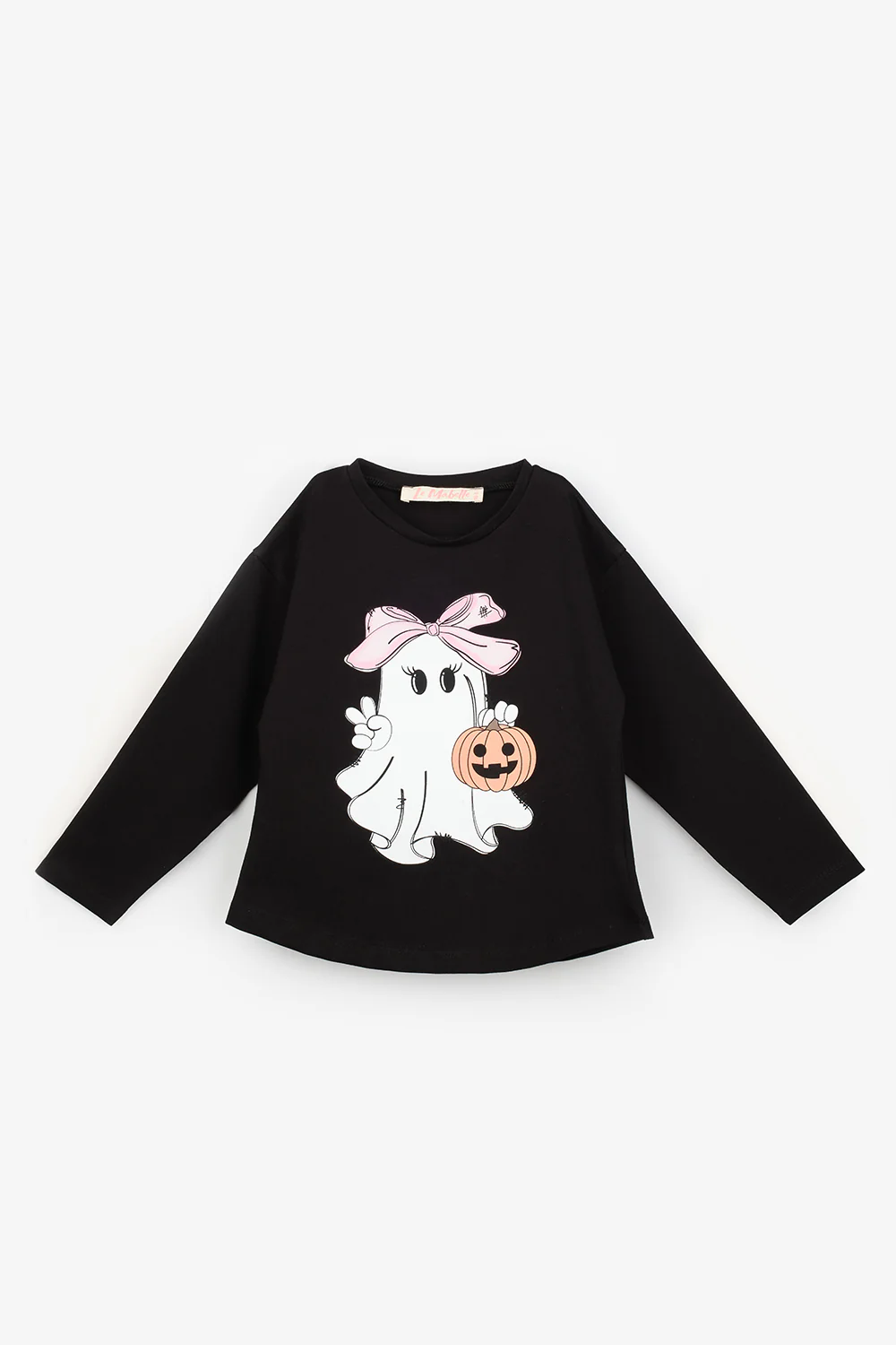 Siyah Sevimli Hayalet Baskılı Halloween Kız Çocuk Tişört - Image 2