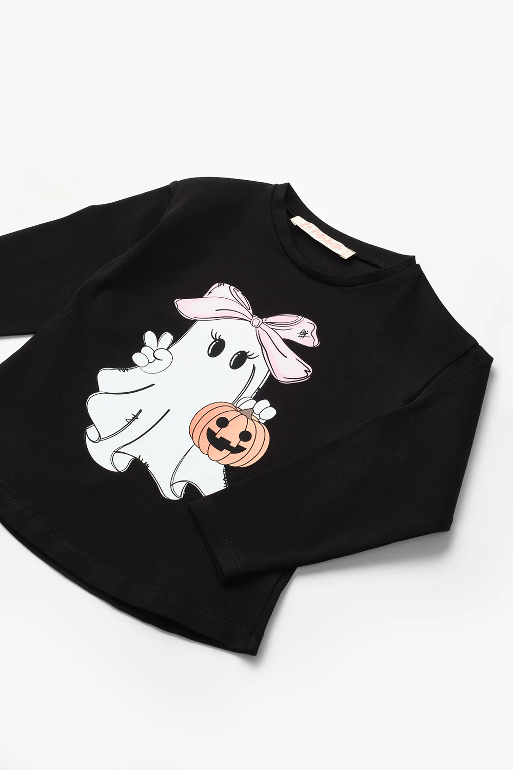 Siyah Sevimli Hayalet Baskılı Halloween Kız Çocuk Tişört - Image 4