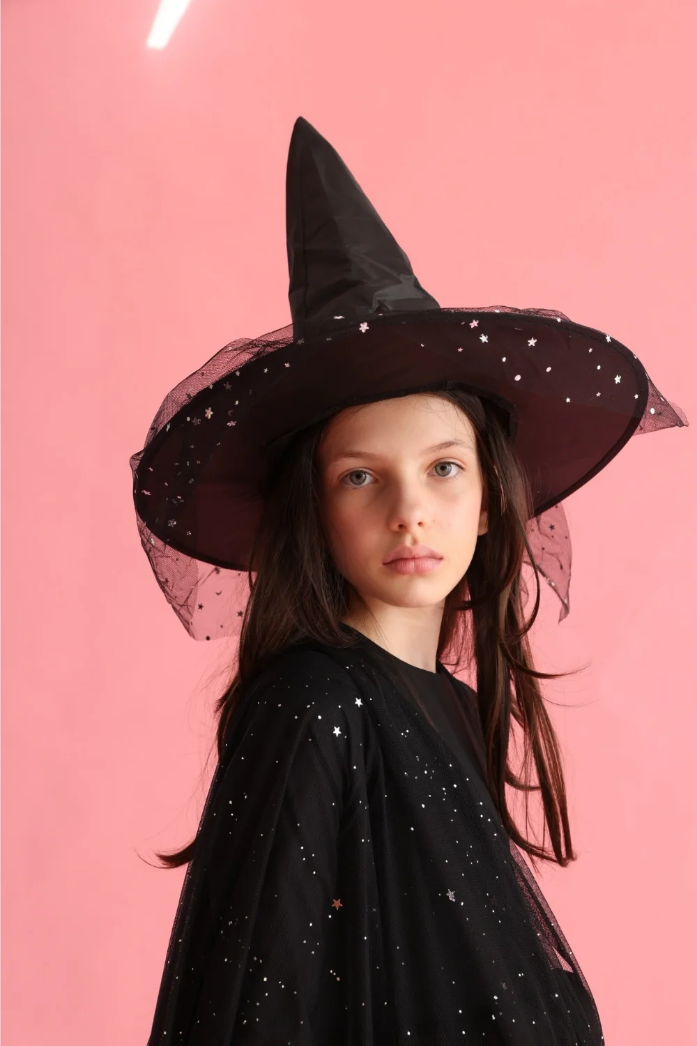 Siyah Yıldızlı Tül Detaylı Çocuk Halloween Cadı Şapkası
