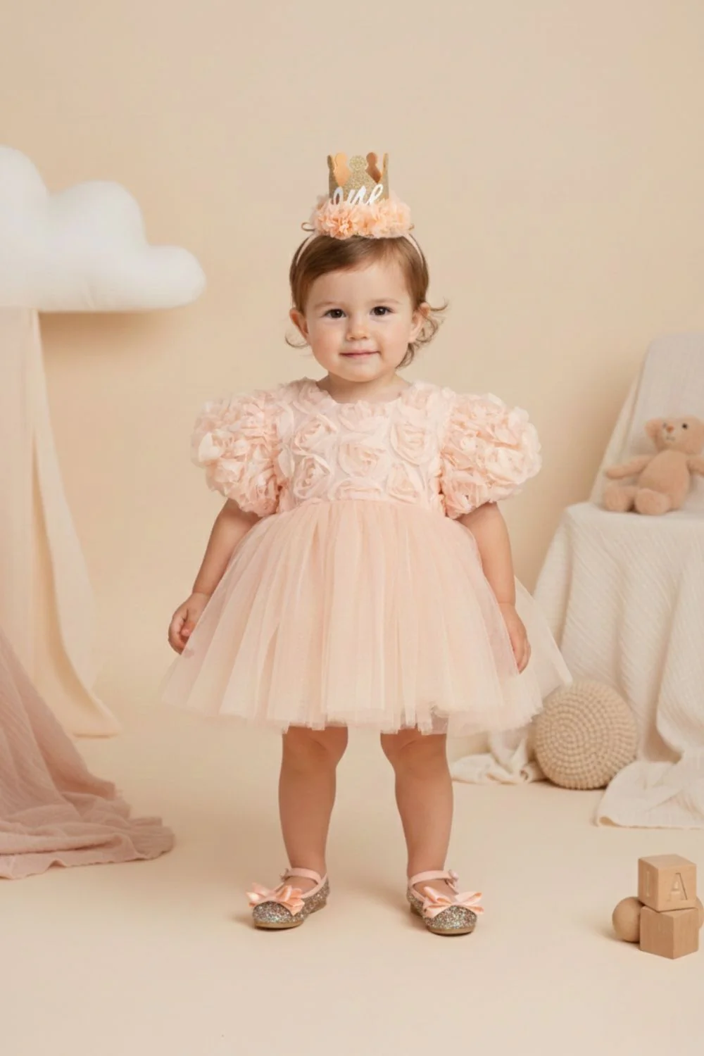 Somon Gül Detaylı Kız Bebek Elbise - Nelia